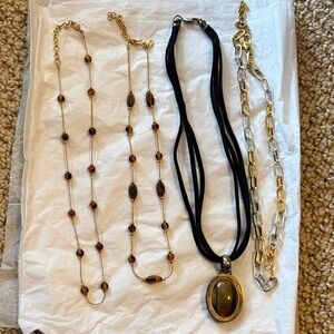 Women's Brown Tiger Eye & Gold-Tone Necklace Set with Black Cord Pendant